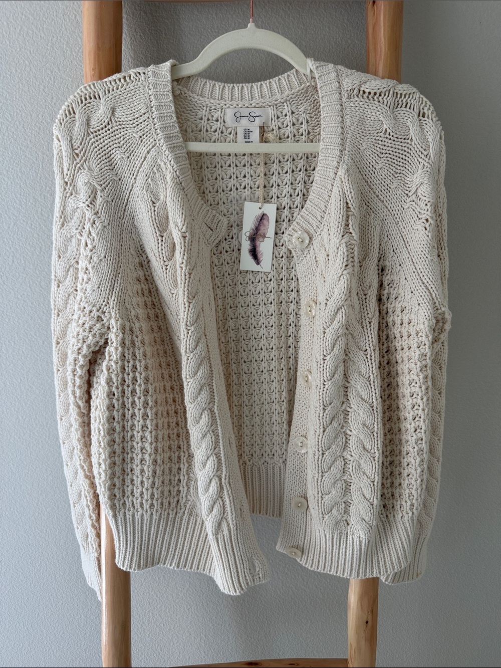 Jessica Simpson | Cream Cable Knit Button-Front Cardigan - Picture 2 of 7
